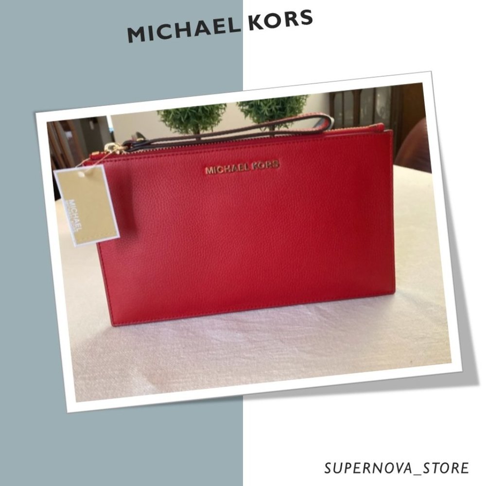 MICHAEL KORS MK LARGE LEATHER CLUTCH WRISTLET RED - Picture 1 of 10